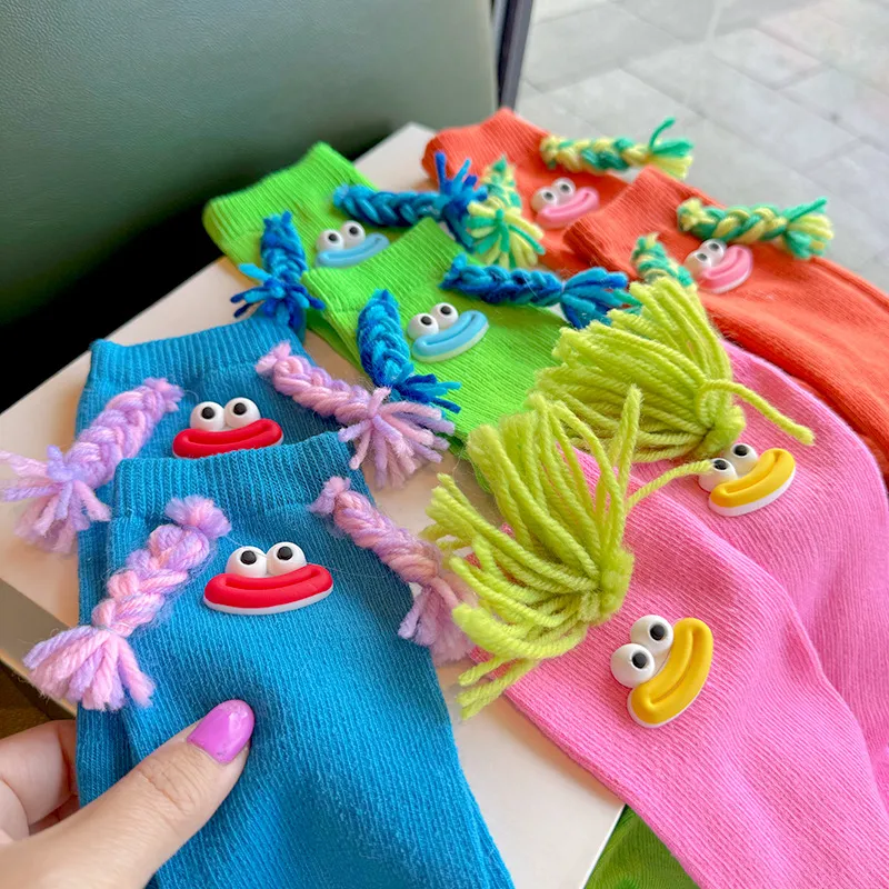 Dopamine Color-Blocking Knee-High Socks for Girls – Korean Style Ugly Doll Long Socks with Braided Detail and Cartoon Lips, Trendy Outdoor Socks for Instagram Outfits